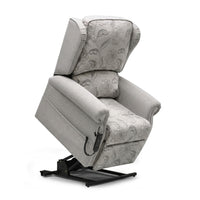 Repose Seating Westbury Dual Motor Riser Recliner Chair with split back and wired remote on black metal base, front view.