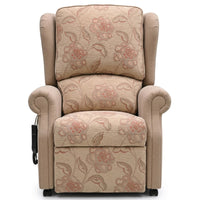 Repose Westbury dual motor riser recliner chair with floral pattern and left-side remote control, front view.