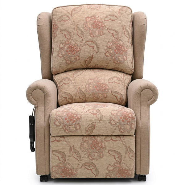 Repose Westbury dual motor riser recliner chair with floral pattern and left-side remote control, front view.