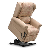 Repose Westbury Dual Motor Riser Recliner Chair by Repose Seating, partially elevated with remote on armrest, side view.
