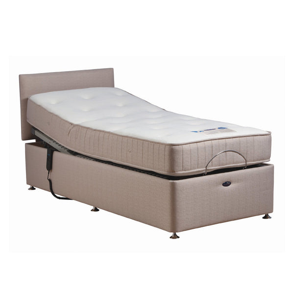 Restwell Richmond electric adjustable bed base with mattress raised and padded headboard, white background, front view.