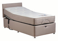 Restwell Richmond electric bed and mattress with flexible slats, raised headrest, and wired remote control, side view.