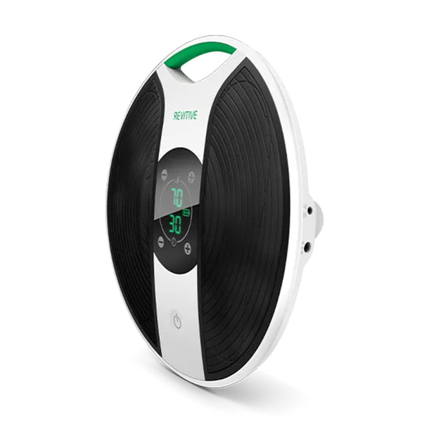 Revitive New Medic round digital balance board with handle, textured surface, LED display and circulation booster, front view.