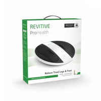 Revitive Prohealth box with device image, shows text about improving blood flow and relieving tired legs and feet, front view.
