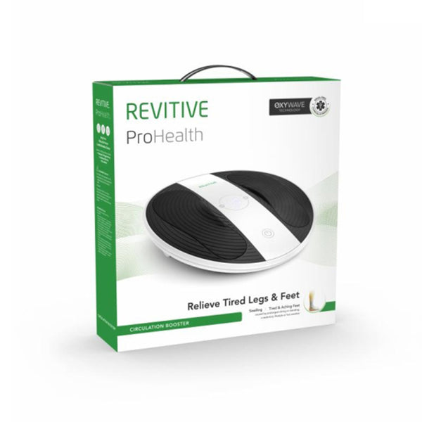 Revitive Prohealth box with device image, shows text about improving blood flow and relieving tired legs and feet, front view.