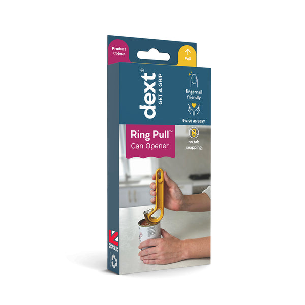 Easi-Grip Dext RingPull Can Opener shown opening a can on its packaging, in use view.