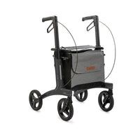 Rollz Air Carbon Fibre Rollator in Coal Black with four wheels, upright handles and front fabric bag, side view.