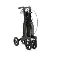 Rollz Air Carbon Fibre rollator in coal black, folded with seat and mesh bag visible, white background, side view.