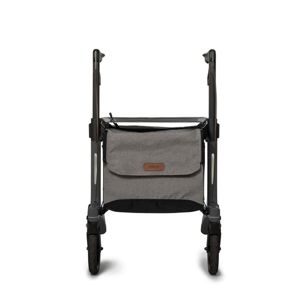Rollz Air Carbon Fibre Rollator in coal black with storage bag under seat, front view.