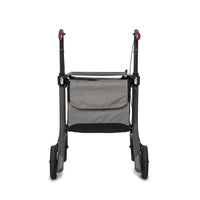 Rollz Air carbon fibre rollator in coal black with large wheels, storage pouch and adjustable handles, rear view.