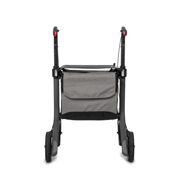 Rollz Air carbon fibre rollator in coal black with large wheels, storage pouch and adjustable handles, rear view.