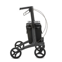 Rollz Air Carbon Fibre Rollator in coal black with four large wheels, seat and storage bag, side view.