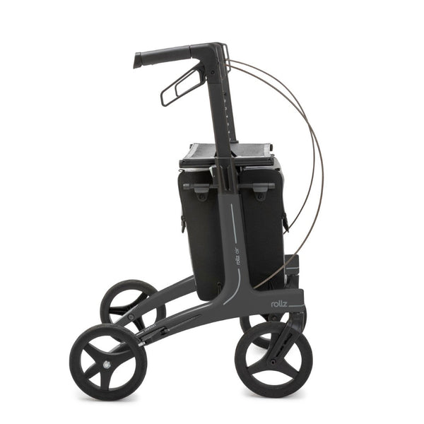 Rollz Air Carbon Fibre Rollator in coal black with four large wheels, seat and storage bag, side view.