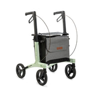 Mint green Rollz Air Carbon Fibre rollator with four black wheels, adjustable handles, seat and grey storage bag, side view.