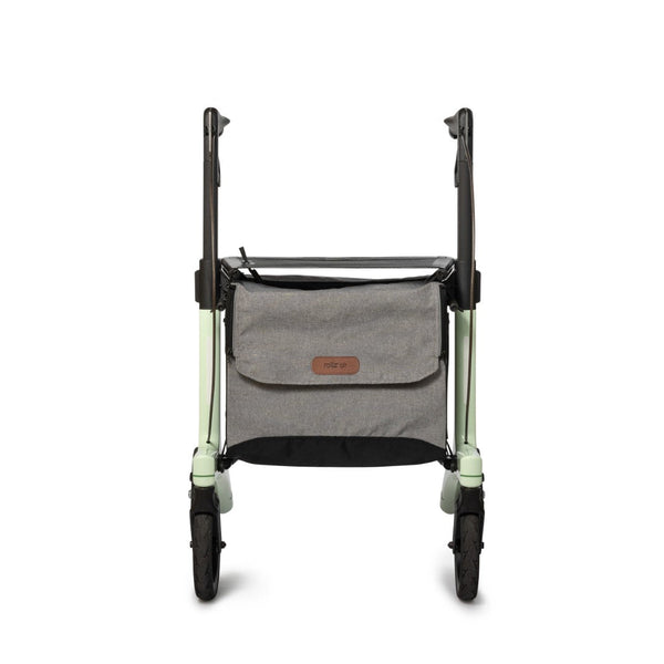 Mint green Rollz Air Carbon Fibre Rollator with grey fabric bag between wheels, front view.
