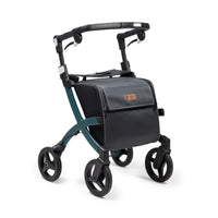 Jungle green rollator and shopping trolley with four wheels, adjustable handles and storage bag, front view.
