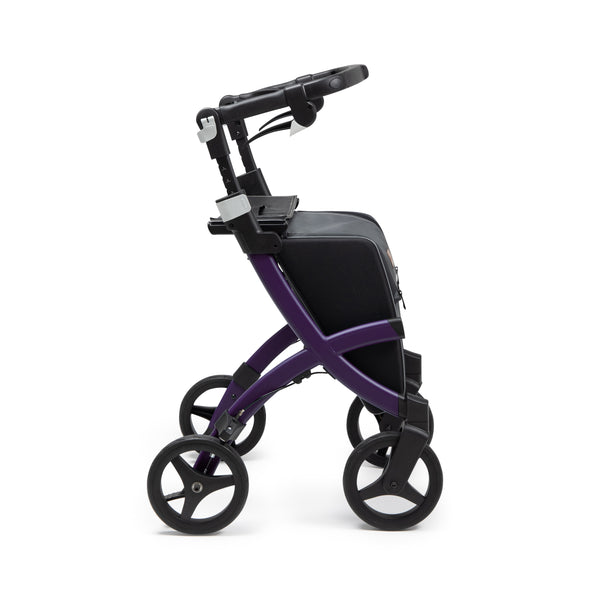 Dark purple Rollz Flex 2-in-1 rollator and shopping trolley with four wheels, seat, and storage, side view.