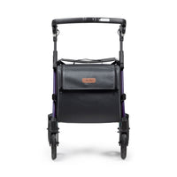 Dark purple Rollz Flex 2-in-1 rollator and shopping trolley with curved frame and storage bag, front view.