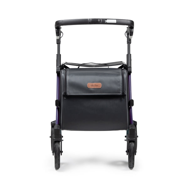 Dark purple Rollz Flex 2-in-1 rollator and shopping trolley with curved frame and storage bag, front view.