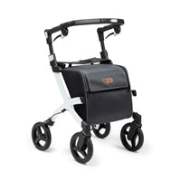 Pebble White rollator and shopping trolley with four wheels and a black storage compartment, front angle view.