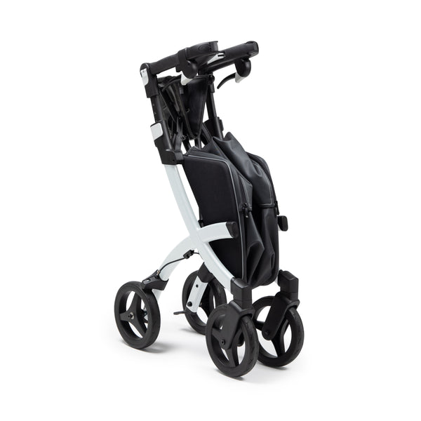 Pebble white Rollz Flex 2-in-1 rollator and shopping trolley upright on white background, front angle.