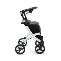 Pebble White Rollz Flex 2-in-1 rollator and shopping trolley with four wheels and storage, side view.