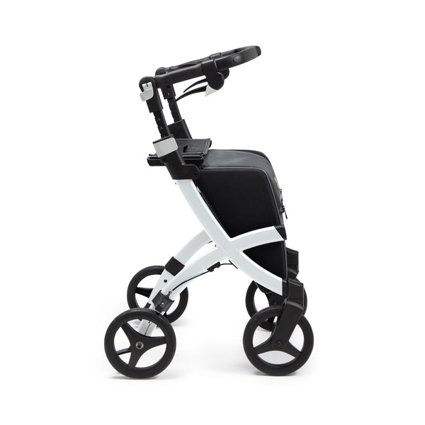 Pebble White Rollz Flex 2-in-1 rollator and shopping trolley with four wheels and storage, side view.