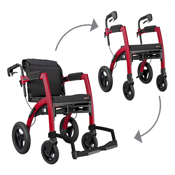 Ruby Red Rollz Motion Performance all-terrain rollator and wheelchair folding for transport or storage, side view.
