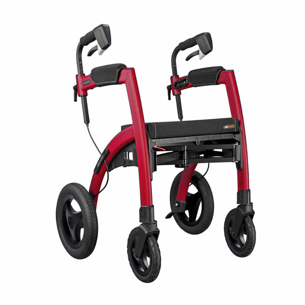 Ruby Red Rollz Motion Performance all-terrain rollator and wheelchair combination, shown from side view.