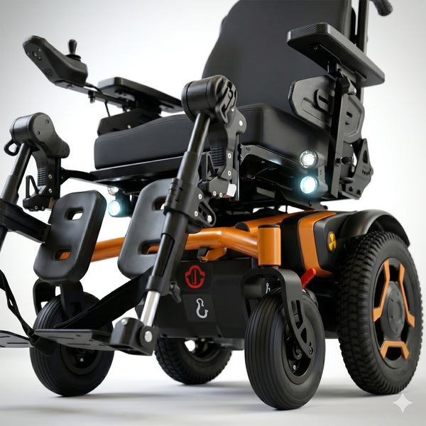 Roma P400 Powerchair with large wheels, bright lights and adjustable footrests on a plain background, close-up view.