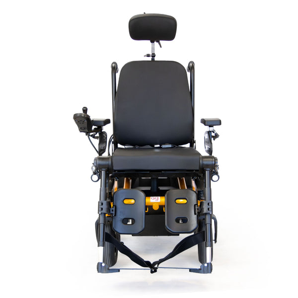 Roma P400 Powerchair with headrest, armrests, footrests and joystick control, front view.