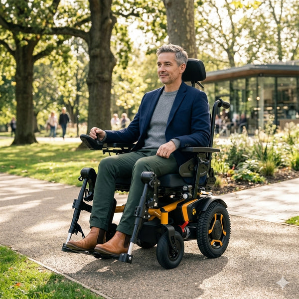 Roma P400 Powerchair in use outdoors, man riding on park path with trees and modern building in background, side view.