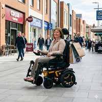 Roma P400 Powerchair in use carrying shopping bags outdoors, street scene, side view.
