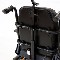 Roma P400 Powerchair back with handles, backrest and support bars, white background, close-up.