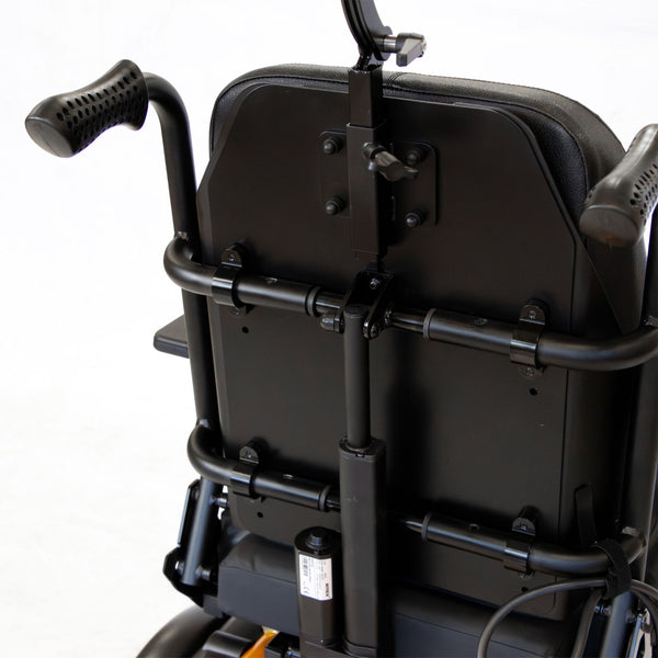Roma P400 Powerchair back with handles, backrest and support bars, white background, close-up.