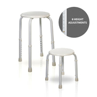 Aidapt round adjustable shower stools with non-slip feet, inset showing 8 height settings, front view.