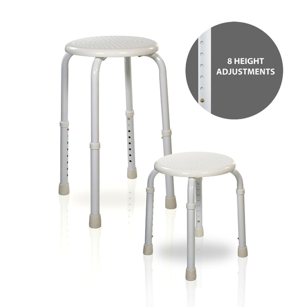 Aidapt round adjustable shower stools with non-slip feet, inset showing 8 height settings, front view.