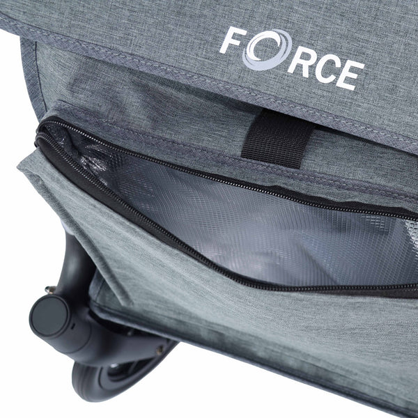 Royal Shopping Trolley rollator with a folding frame and open insulated front pocket, close-up.