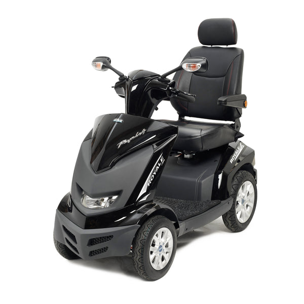 Drive Royale 4 Scooter with four wheels, adjustable seat, armrests and dual rear-view mirrors, front angled view.