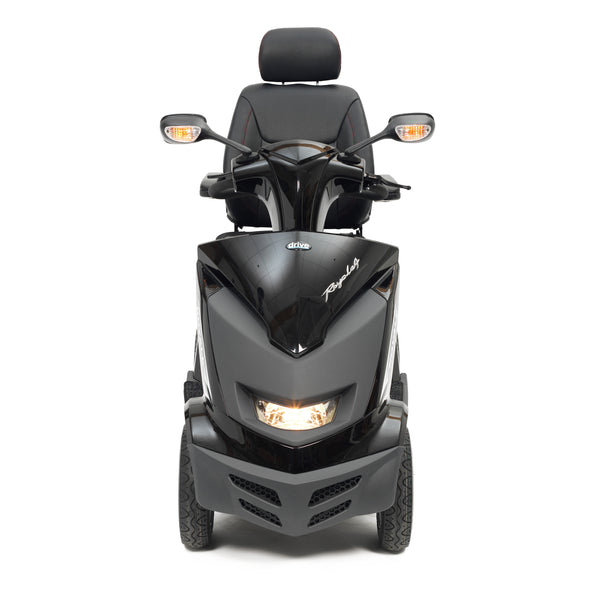 Drive Royale 4 mobility scooter with headlights, mirrors, and adjustable seat, front view.