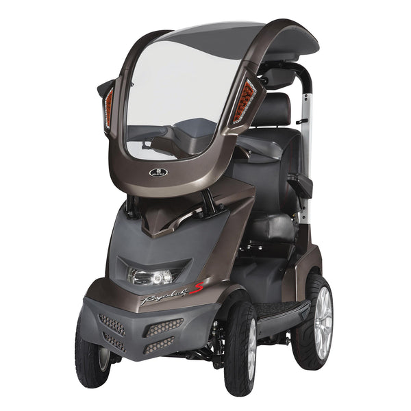 Drive Royale 4 Sport four-wheel mobility scooter with 1500W motor, windshield and canopy, front view.