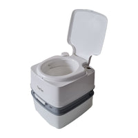 Gordon Ellis Royale Flushing Commode portable toilet with open lid and base, displayed against white background, front view.