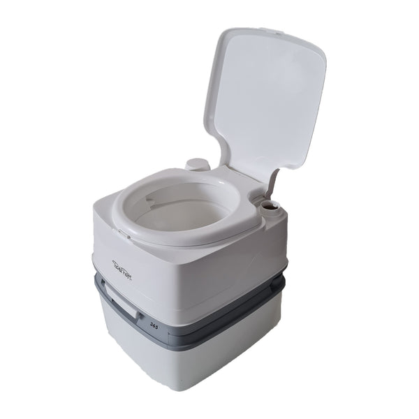Gordon Ellis Royale Flushing Commode portable toilet with open lid and base, displayed against white background, front view.