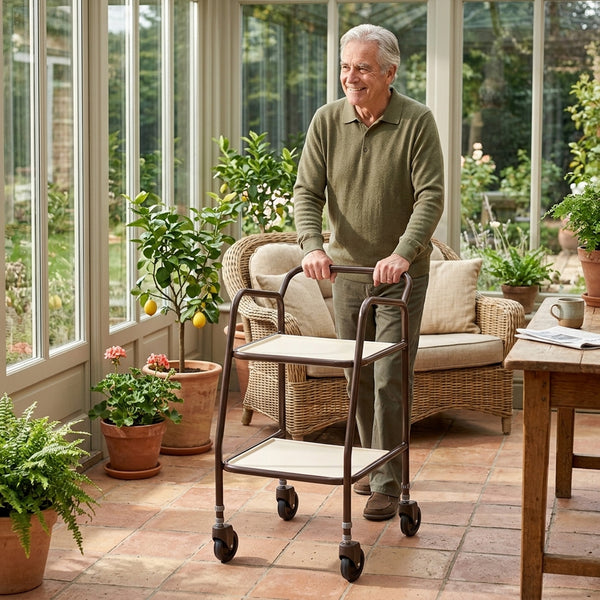 Older man using Drive Rutland Adjustable Trolley with Push Bar in a sunroom with plants and wicker chairs, in use angle.