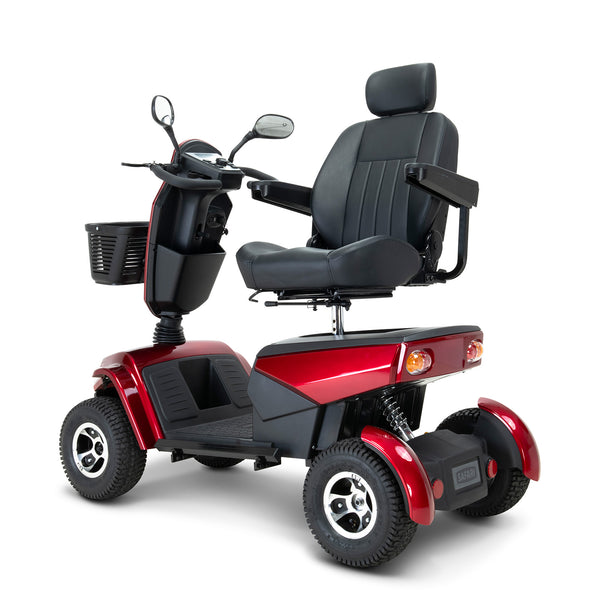 Drive Safari Scooter with black seat, armrests, backrest, front basket, mirror and visible suspension, side view.