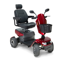 Drive Safari Scooter with pneumatic tyres, padded seat, armrests, mirrors and front basket, side view.