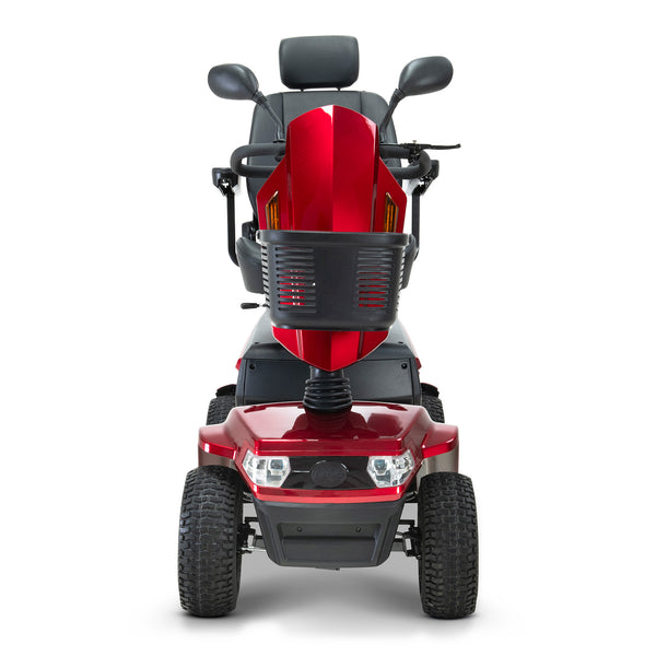 Drive Safari Scooter with four wheels, pneumatic tyres, black basket and headrest, front view.