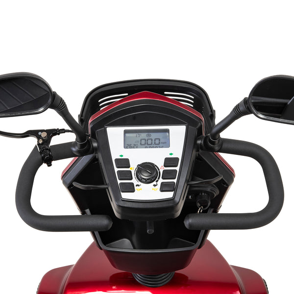 Drive Safari Scooter dashboard with digital display, controls, handlebars and mirrors on a white background, close-up.