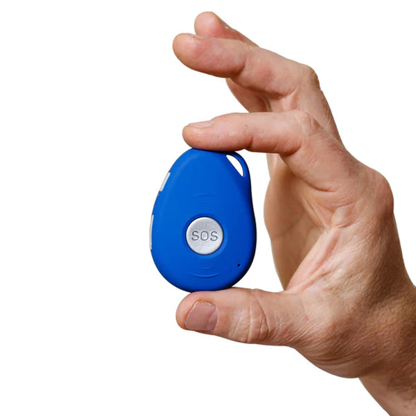 Hand holding the Ravencourt Safer Walking GPS Locator with an SOS button, white background, in use view.