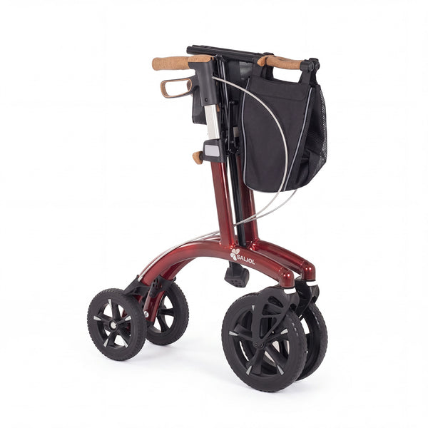 Saljol Allround Bariatric Rollator with lightweight frame, large all-terrain tyres, black bag, light brown handles, front view.
